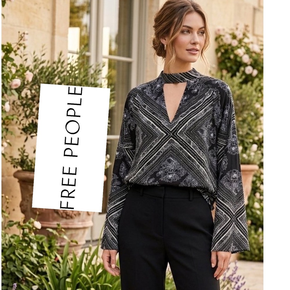 Free People Black White Geo Floral Cutout Choker Neck Blouse Small Whimsigoth